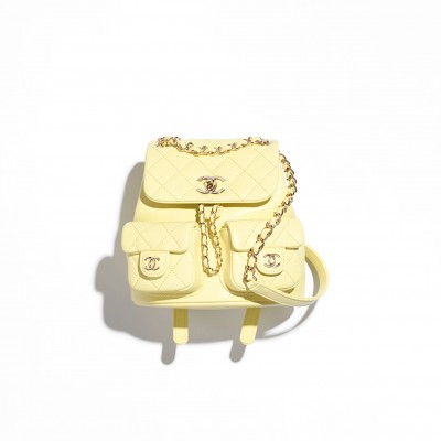 CHANEL SMALL BACKPACK GRAINED CALFSKIN & GOLD-TONE METAL LIGHT YELLOW AS3787 B16985 (17.5*16.5*10cm)